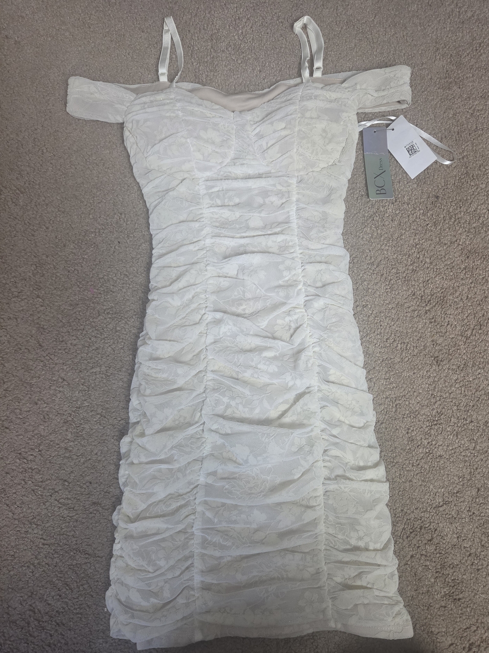 BCX White Ruched Lace Off-Shoulder Mini Dress